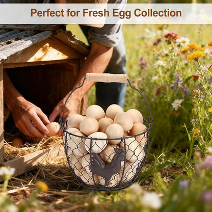 3 PCS 8’’ Farmhouse Egg Collecting Basket with Wood Handle, Rustic Metal Wire Chicken Eggs Holder Basket for Countertop Kitchen, Wire Egg Basket Vintage Style, Round, Rooster Pattern