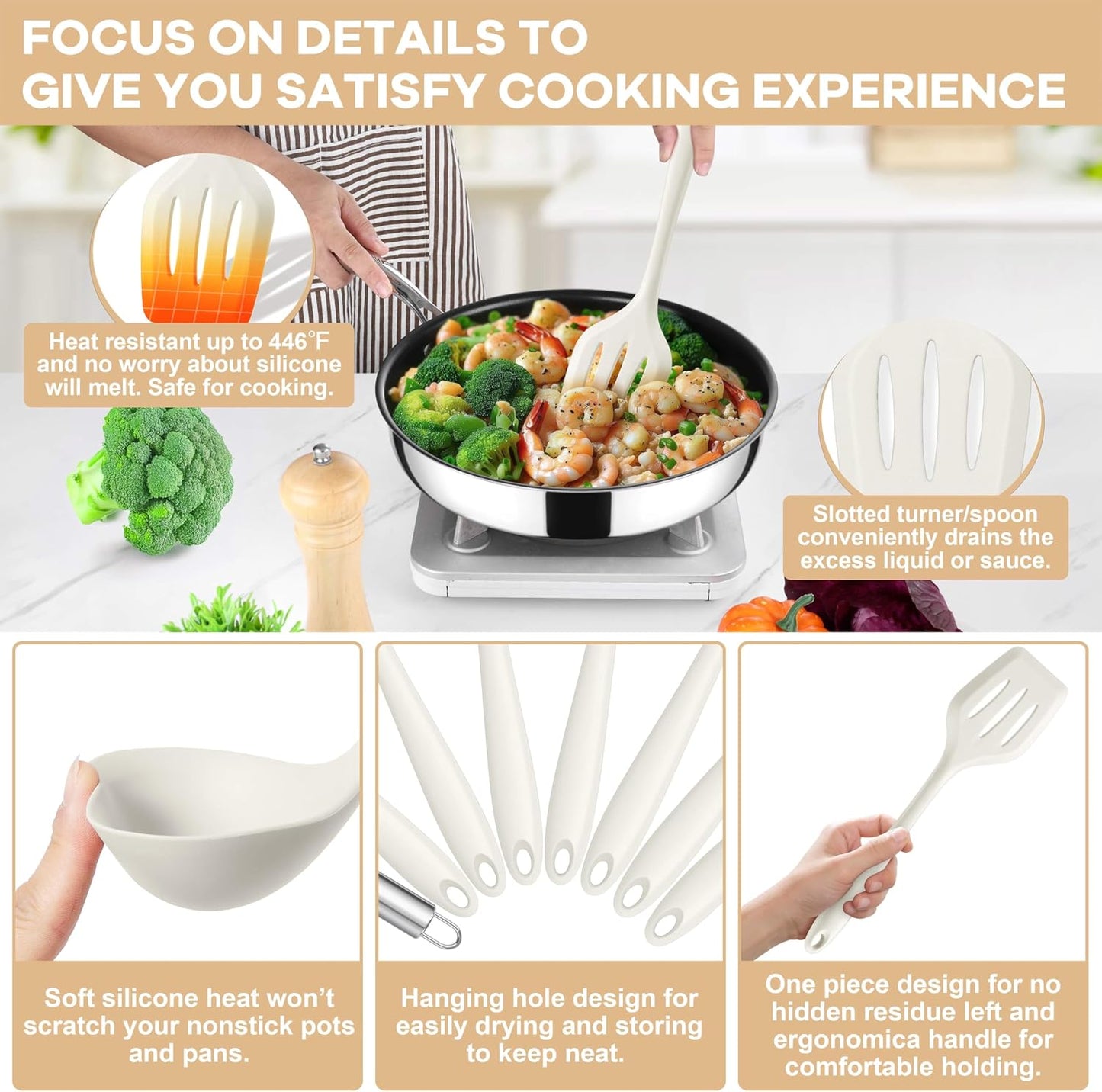 TeamFar Silicone Cooking Utensils Set, 8 PCS Kitchen Utensils Set, 446°F Heat Resistant, Turner, Spatula, Spoon, Whisk, Kitchen Cooking Gadgets Tools for Nonstick Cookware, Dishwasher Safe-Khaki