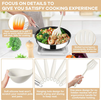 TeamFar Silicone Cooking Utensils Set, 8 PCS Kitchen Utensils Set, 446°F Heat Resistant, Turner, Spatula, Spoon, Whisk, Kitchen Cooking Gadgets Tools for Nonstick Cookware, Dishwasher Safe-Khaki