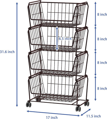 PUSDON 4-Tier Spacious Stackable Wire Storage Baskets with Wheels, Metal Rolling Utility Cart Organizer, Fruit and Vegetable Produce Basket for Kitchen Pantry, Everyday Bathroom Shelf, Silver Grey