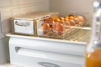 Pikanty Clear Refrigerator Organizer Bin with Handles — 15 Inch Stackable Fridge and Pantry Storage Container for Snacks, Produce, Cans, Yogurt, Condiments, Dishwasher and Freezer Safe, Made in USA
