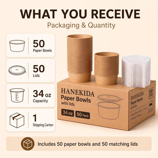 34 oz Paper Bowls with Lids, 50 Count Disposable Meal Prep Containers