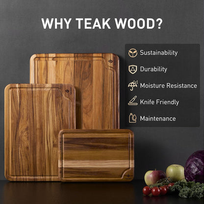 4 Pack Teak Wood Cutting Board Set for Kitchen Heavy Duty Non Toxic Non Slip Solid Thick Wood Haus Chopping Board Extra Large Big Small Meat Best Essential House Warming Hostess Host Gift