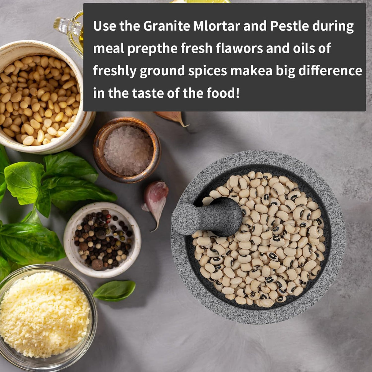 Large Mortar and Pestle Set- 4 Cup Unpolished Granite Bowl Heavy Duty Molcajete Mexicano Guacamole Pastes Pestos Salsa Bowl, Grind Seeds, Herbs, Pills, Kitchen Lab Muddler, Gray, 8 Inches