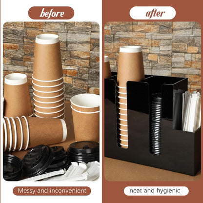 Cunhill 4 Compartments Acrylic Coffee Cup and Lid Storage Organizer Holder Disposable Paper Cup Dispenser Organizer Plastic Lid Holder Accessories for Kitchen Bar Shop Party Supplies(Transparent)