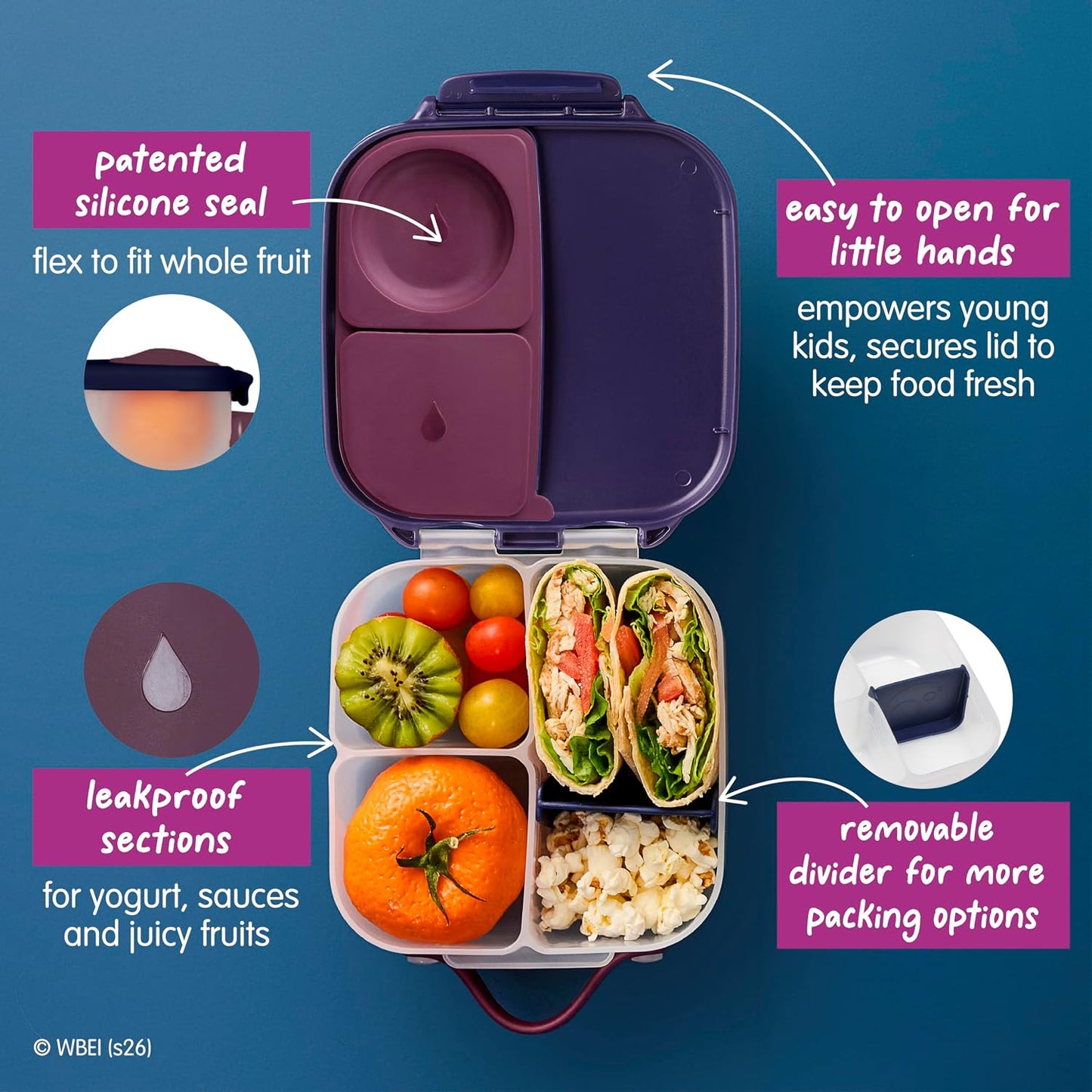 b.box Mini Lunch Box 2-Pack, Leak Proof Bento Box for Kids, 3 Compartment Snack Containers Ages 3+, Lunchbox for Daycare + School, Dishwasher Safe, BPA-Free, PFAS-Free, 4.25 Cup - Blue + Green