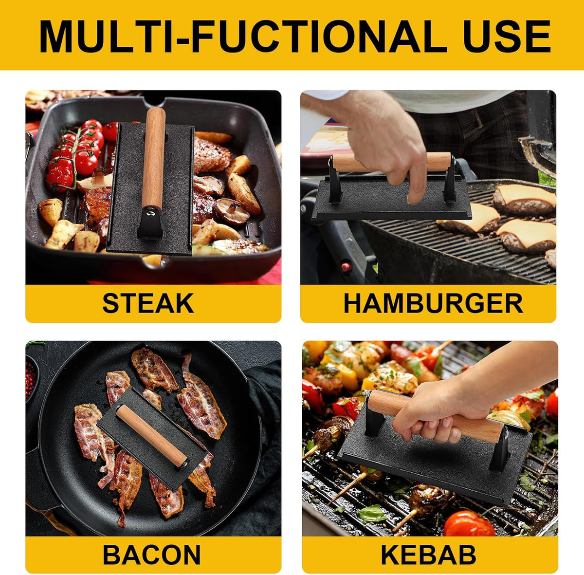 AIVIKI Burger Press, Smash Burger Press for Blackstone Griddle, Heavy Duty Cast Iron Round 6.9In & Rectangular 8.2x4.2In Bacon Grill Press with Wood Handle, Meat Steak Weight for Sandwich, Paninis