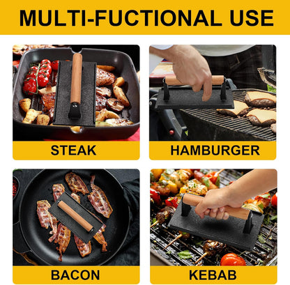 AIVIKI Burger Press, Smash Burger Press for Blackstone Griddle, Heavy Duty Cast Iron Round 6.9In & Rectangular 8.2x4.2In Bacon Grill Press with Wood Handle, Meat Steak Weight for Sandwich, Paninis