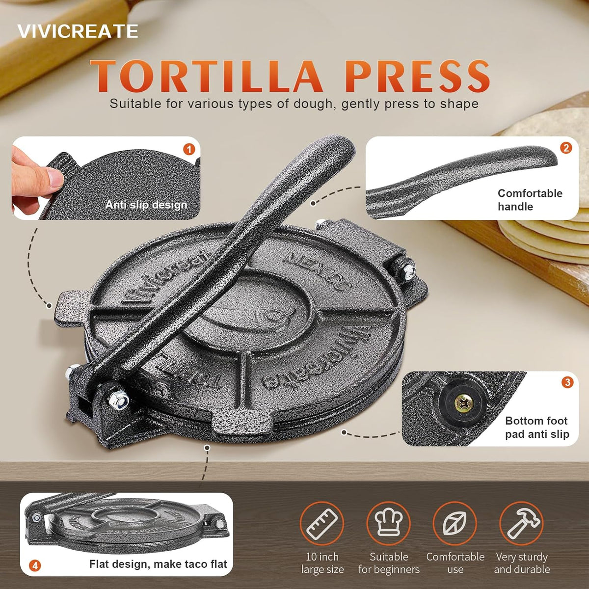 Vivicreate Tortilla Press 7.5 Inch Cast Iron Tortilla Maker Heavy Duty Tortilla Press Maker for Corn Tortillas Street Tacos Roti Chapati Dumpling Wrappers Empanadas Black