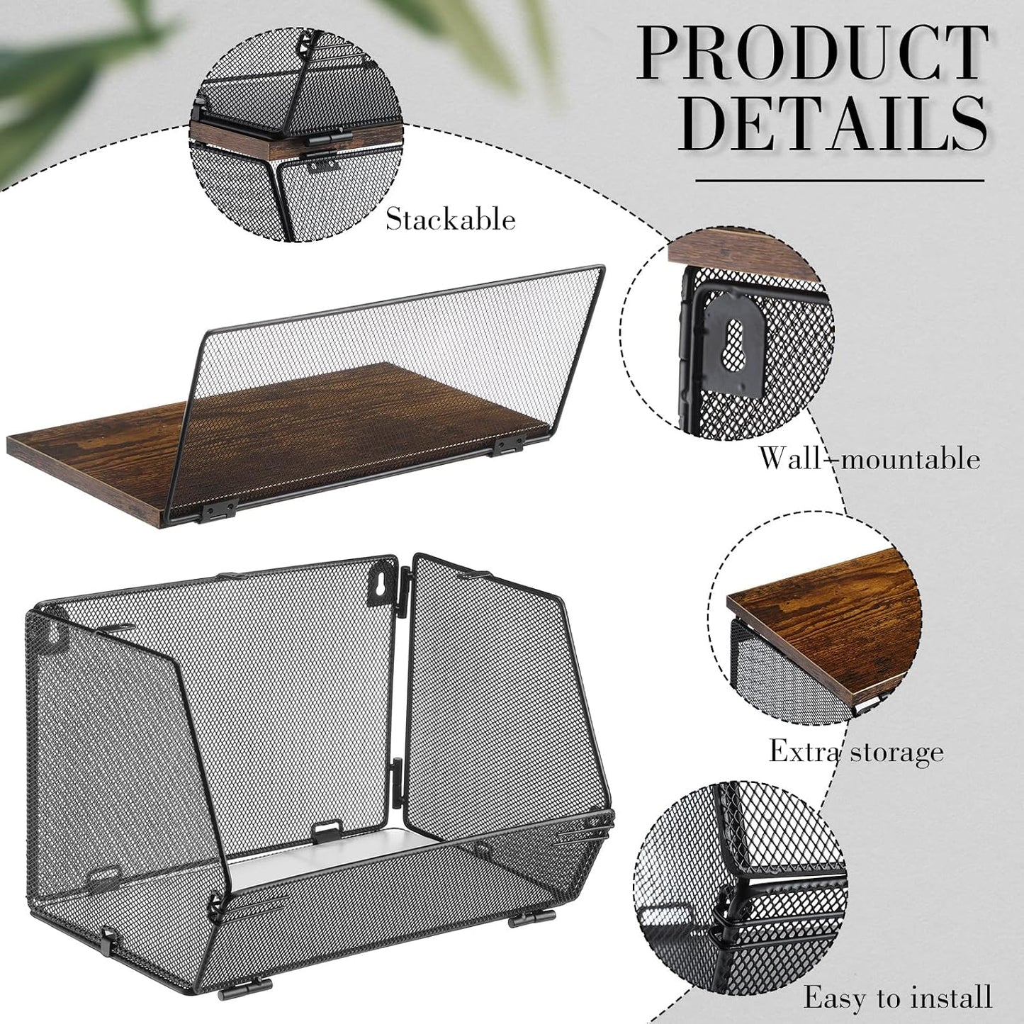 Teenyyou 2 Pcs Stackable Mesh Fruit Basket with Lid Wall Produce Vegetable Storage Basket Onion Potato Hanging Metal Wire Container for Kitchen Counter Pantry(Non-removable,Black,8.3" w & 13.8" l)