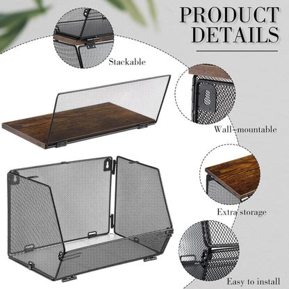 Teenyyou 2 Pcs Stackable Mesh Fruit Basket with Lid Wall Produce Vegetable Storage Basket Onion Potato Hanging Metal Wire Container for Kitchen Counter Pantry(Non-removable,Black,8.3" w & 13.8" l)
