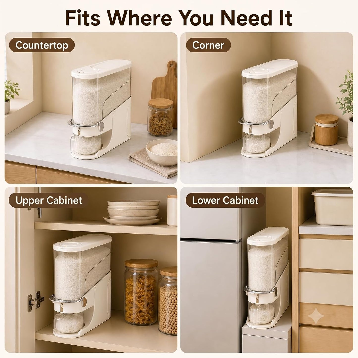 Rice Dispenser 11 Lb, Slim Rice Storage Container with Double Sealing Strip, Press to Dispense Cereal Container Airtight for Kitchen Pantry Organization, (Ivory White-11lb)
