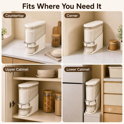 Rice Dispenser 11 Lb, Slim Rice Storage Container with Double Sealing Strip, Press to Dispense Cereal Container Airtight for Kitchen Pantry Organization, (Ivory White-11lb)
