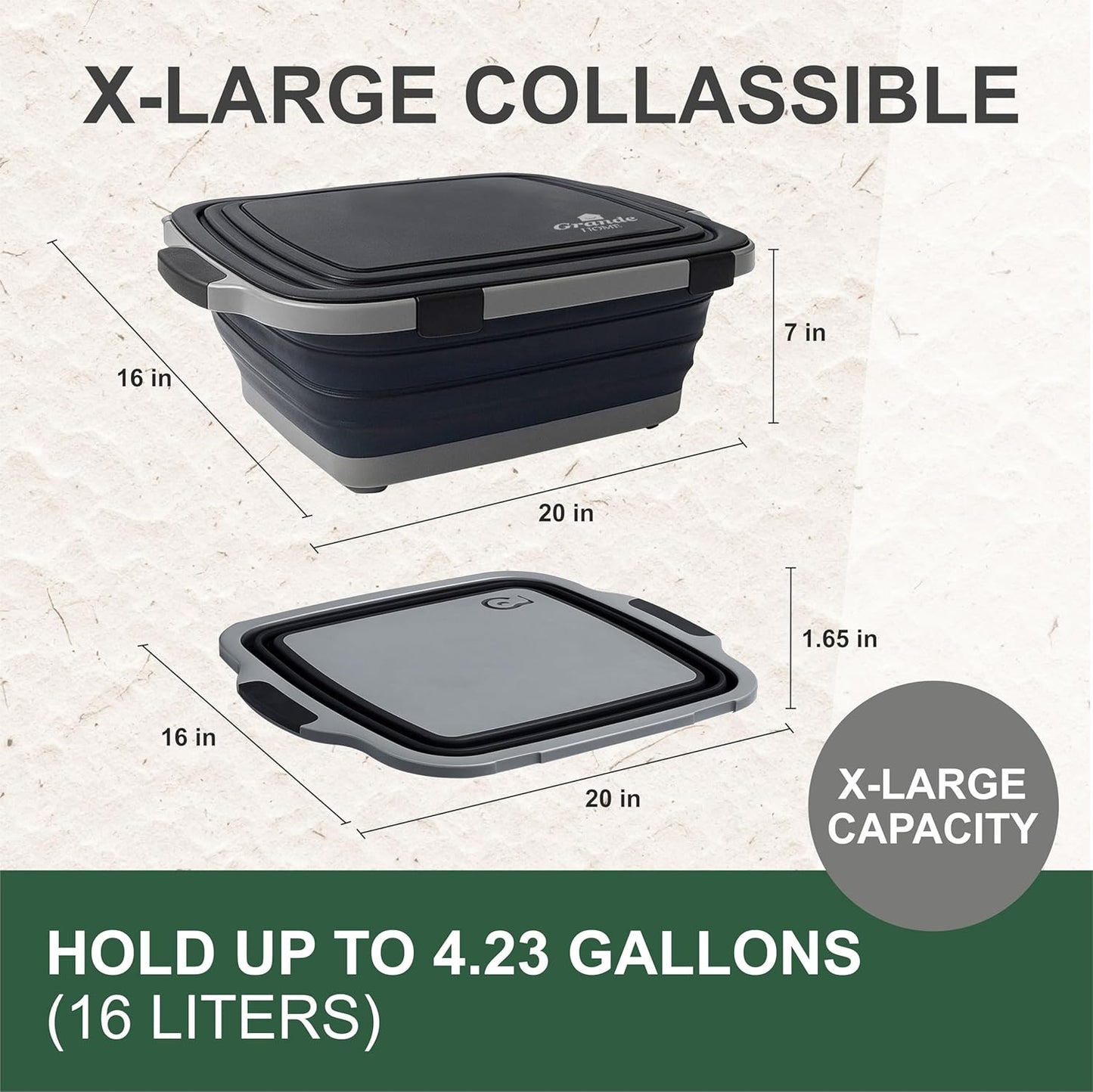 BBQ Prep Tub Collapsible X-Large with Cutting Board, Locking Lid – Meal Prep Food Prep Containers with Lids for Resting Meat –3 Adjustable Height - Ideal for Camping, Picnic, Dish Basin