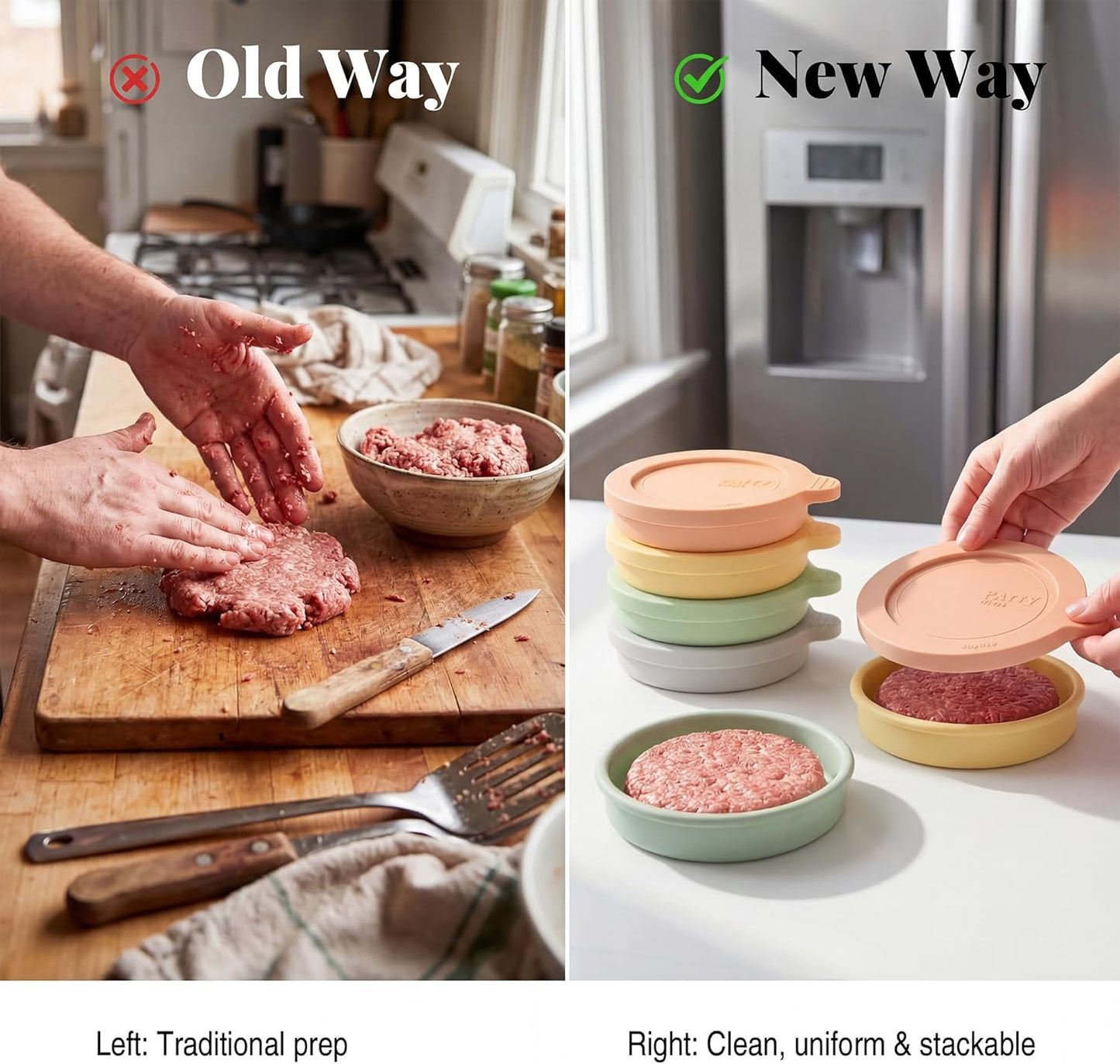 Silicone Burger Patty Mold Set with Lid, Nonstick Burger Press for 1/4 lb Patties, Food-Grade Patty Maker for Beef, Chicken & Veggie Burgers, Food Freezer Container, 4 Pack