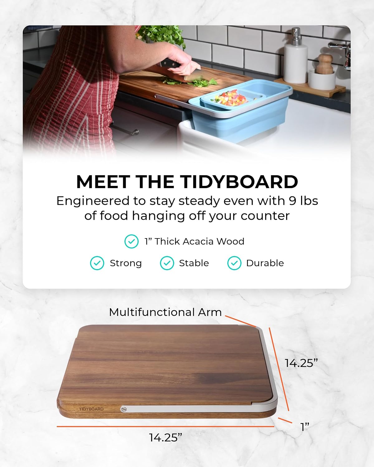 TidyBoard Meal Prep System Starter - Over-the-Sink Smart Chopping Board with 1 Large Strainer, Tubs, & Lids - 1” Thick Acacia Wood Cutting Board with Containers & Strainer, 12 pieces