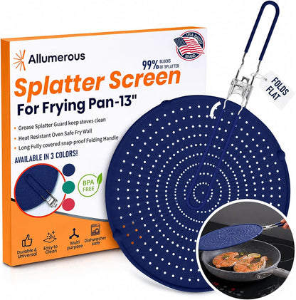 Silicone Splatter Screen for Frying Pan, 13” Navy – Grease & Oil Splatter Guard, Heat Resistant, Dishwasher Safe, Foldable Handle with Sleeves – Splash Guard Fits 10–12” Pans, Most 13” Skillets