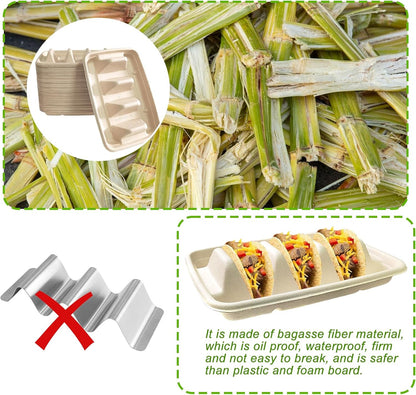 50PCS Disposable Taco Holder for Party，Disposable Taco Plates with 3 Dividers Disposable Taco Holders for Party, Taco Tray Holder, Pulp Fiber Plates Disposable for Taco Tuesday Lazy Susan Taco Bar