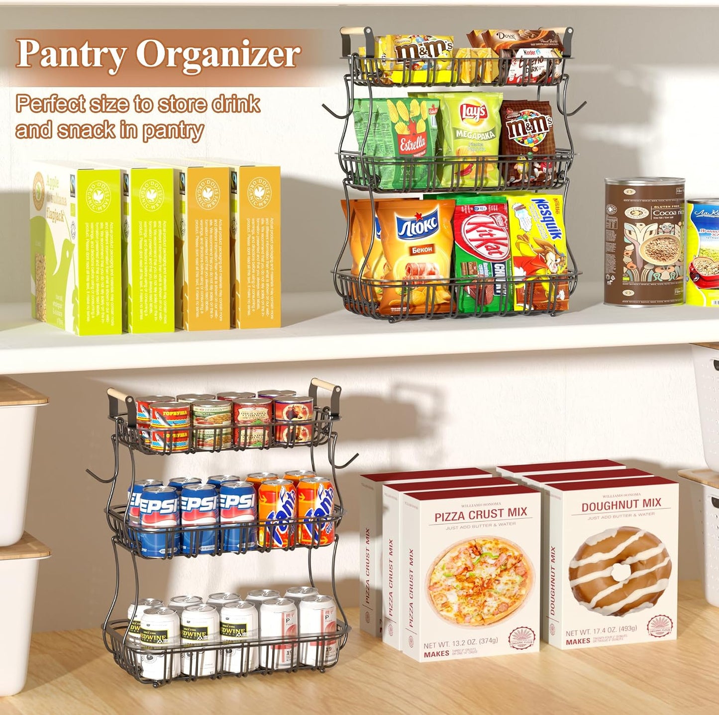 3 Tier Fruit Basket with 2 Banana Hooks, Large Capacity Multifunctional Detachable Sturdy Fruit Bowl with Wooden Handle Mesh Top for Kitchen Counter, for Bread Snacks Vegetables Produce, Black