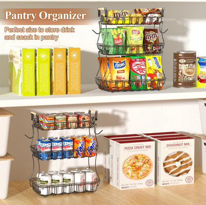 3 Tier Fruit Basket with 2 Banana Hooks, Large Capacity Multifunctional Detachable Sturdy Fruit Bowl with Wooden Handle Mesh Top for Kitchen Counter, for Bread Snacks Vegetables Produce, Black