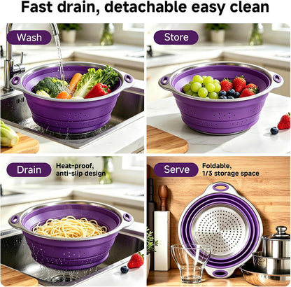 Mejoncb Collapsible Colander – Platinum Silicone Strainer with Stainless Steel Base, BPA-Free & Heat Resistant Kitchen Drain Basket (Gery)