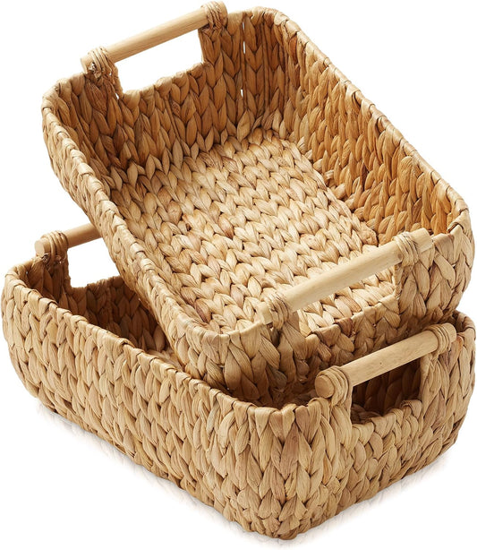 Casafield Set of 2 Water Hyacinth Oval Storage Baskets with Wooden Handles - Medium, Woven Bin Organizers