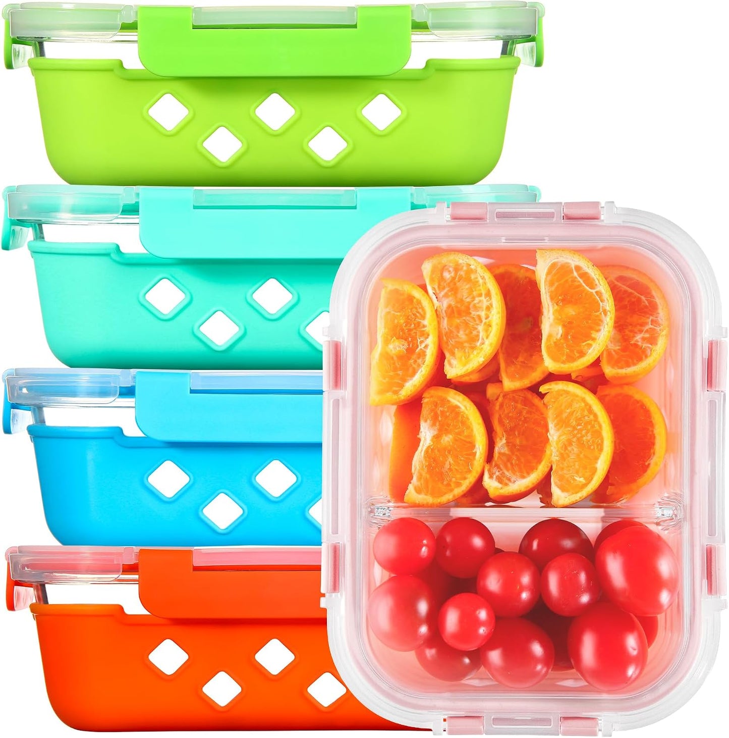 5 Pack Glass Meal Prep Containers 3 Compartment with Lids, Divided Glass Storage Containers with Silicone Sleeve for Lunch, Leak-Proof Portion Control Food Containers, Dishwasher Safe, 34 oz
