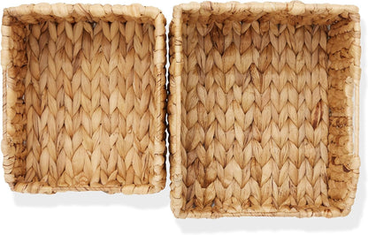 Casafield Set of 2 Water Hyacinth Pantry Baskets with Handles - Espresso, Woven Storage Bin Organizers for Kitchen Shelves, Medium and Large Sizes