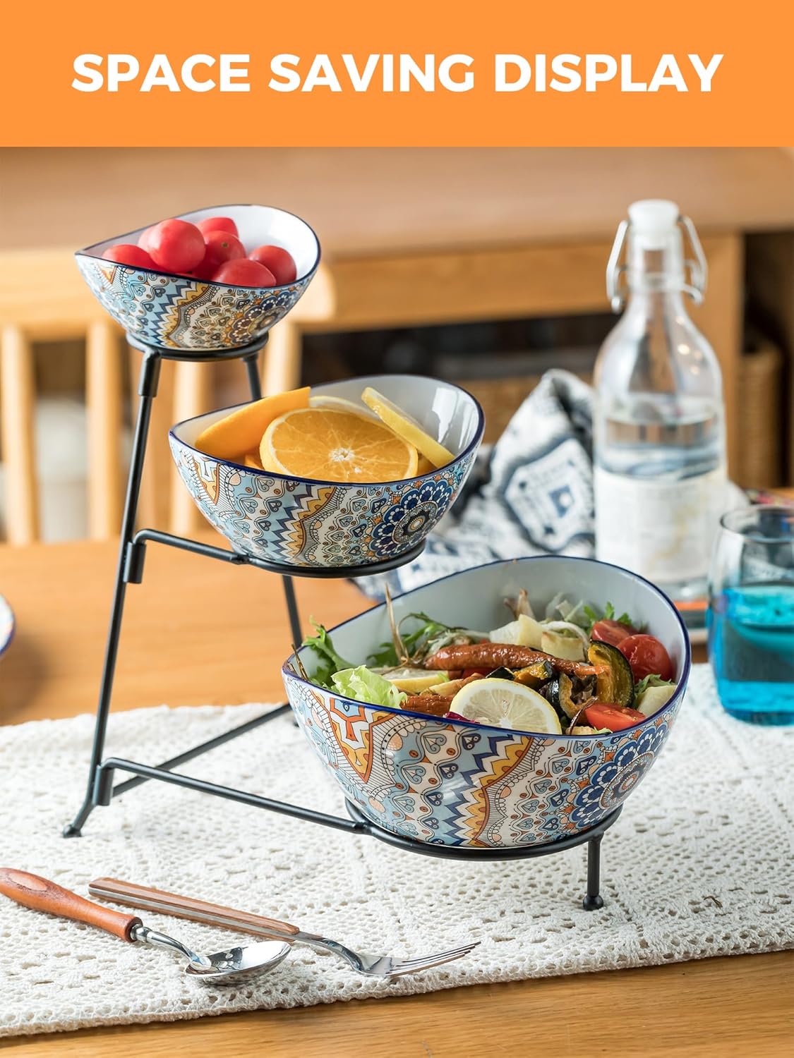 YHOSSEUN 3 Tier Serving Stand Oval Serving Bowl with Metal Rack, Tied Serving Bowls Food Display Dessert Appetizer, Chip and Dip Serving Bowl Set for Parties, Gold-45oz / 17.5oz / 7oz