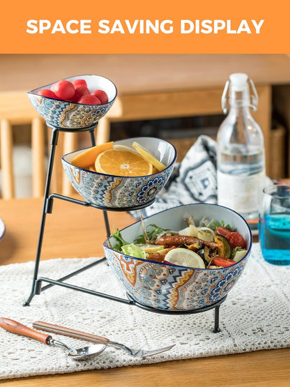 YHOSSEUN 3 Tier Serving Stand Oval Serving Bowl with Metal Rack, Tied Serving Bowls Food Display Dessert Appetizer, Chip and Dip Serving Bowl Set for Parties, Gold-45oz / 17.5oz / 7oz