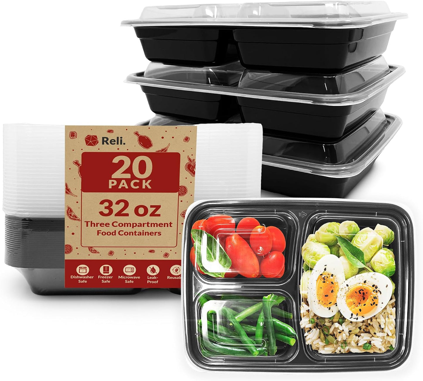 Reli. Meal Prep Containers 32 oz (20 Pack) 3 Compartment Meal Prep Containers Reusable, Microwave Safe | Plastic Togo Box for Food | Mealprep Box for Takeout, To Go, Leftover, Food