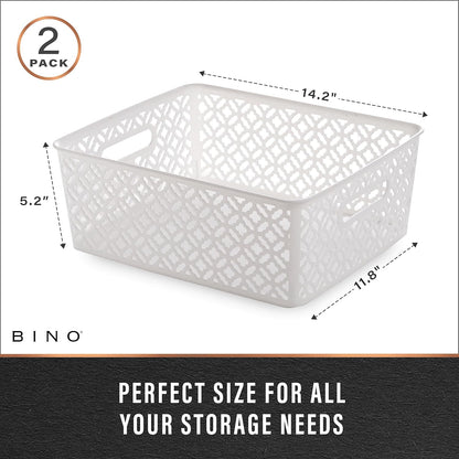BINO l Plastic Storage Baskets, Large - Grey l THE BLOSSOM COLLECTION l Multi-Use Organizer Bin l Built-in Handles l Plastic Woven Basket for Organizing l Pantry & Home Organizing Basket