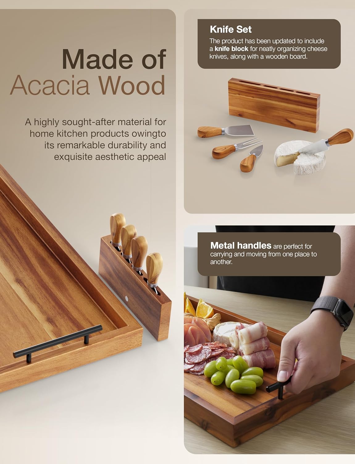 TIDITA Acacia Large Charcuterie Boards for Party with Cheese Knife Set of 4 – Acacia Wood Serving Tray with Handles, Long Charcuterie Board, Wooden Cheese Board (Walnut Color, 30 Inch)