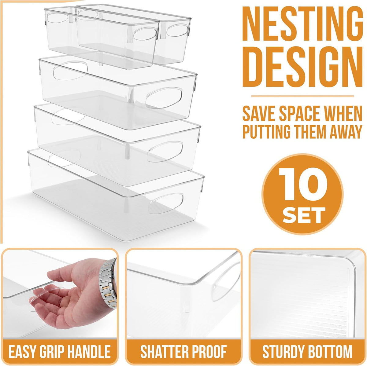 Sorbus XL Clear Plastic Storage Bins for Shelves, Clothes, with Handle - Clear Storage Bins, Drawer, Shelf, Closet, Pantry, Fridge, Freezer Organizer Bins, Closet Organizers and Storage (10 pack)