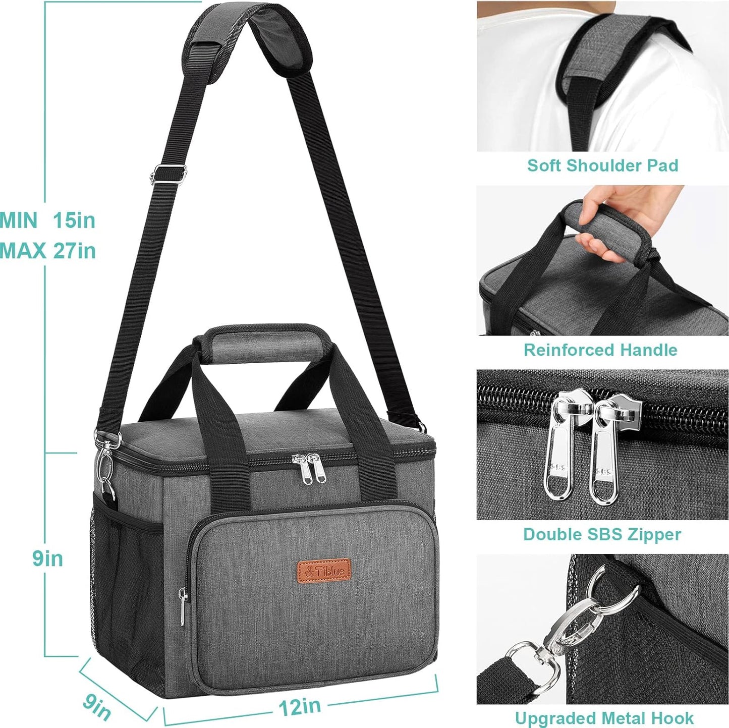 Tiblue Insulated Lunch Bag for Women/Men, Reusable Lunch Box for Office Work School Picnic,Leakproof Freezable Cooler Bag with Adjustable Shoulder Strap for Kid/Adult(Medium, Black & White Stripes)