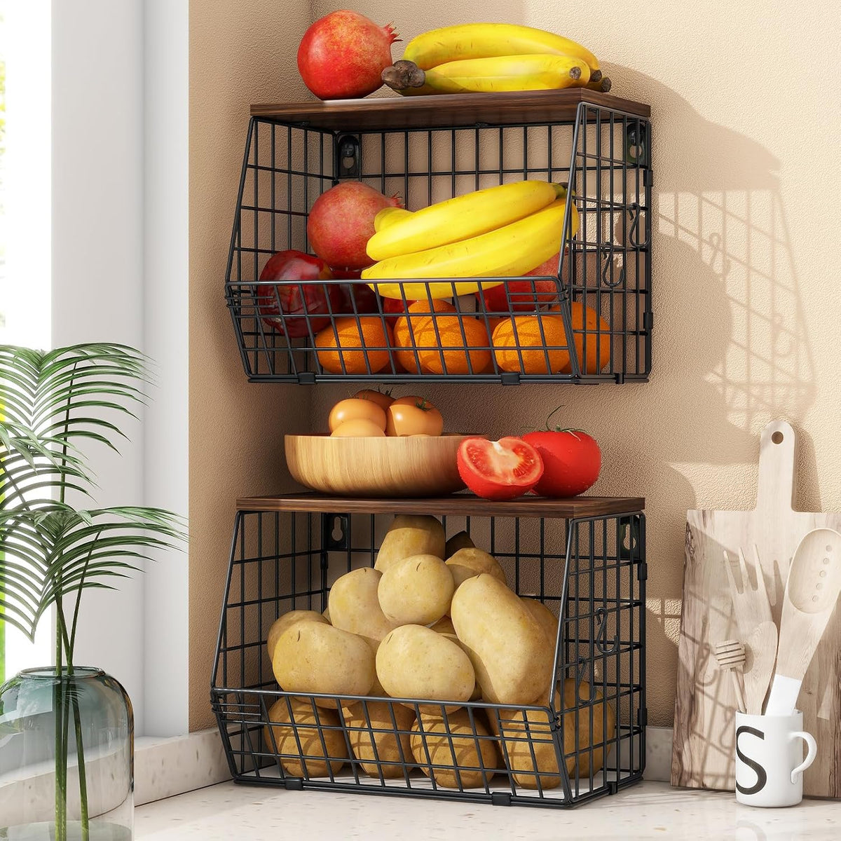 Mefirt Fruit Basket, 2-Tier Fruit Bowl for Kitchen Counter, Stackable Wall Mounted Fruit Storage, Snack Organizer, Potato and Onion Storage Basket, Hanging Pantry Storage with Wood Lid, 2 Set, White