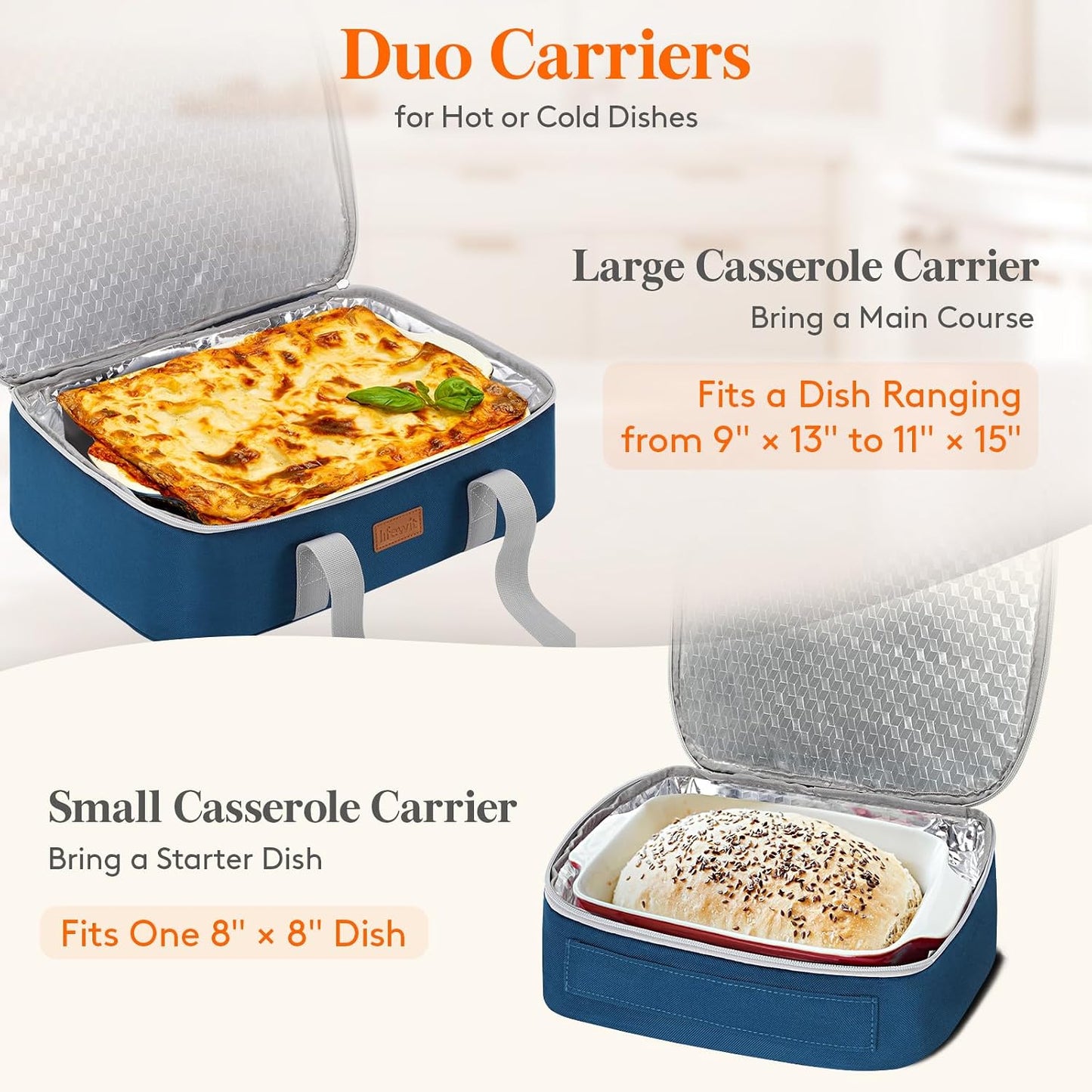Lifewit Duo Insulated Casserole Carrier for Hot or Cold Food, Lasagna Holder 2 Compartments, Thermal Lunch Tote for Potluck Parties Cookouts, Fits 9"x13" Casserole Dish, Gray