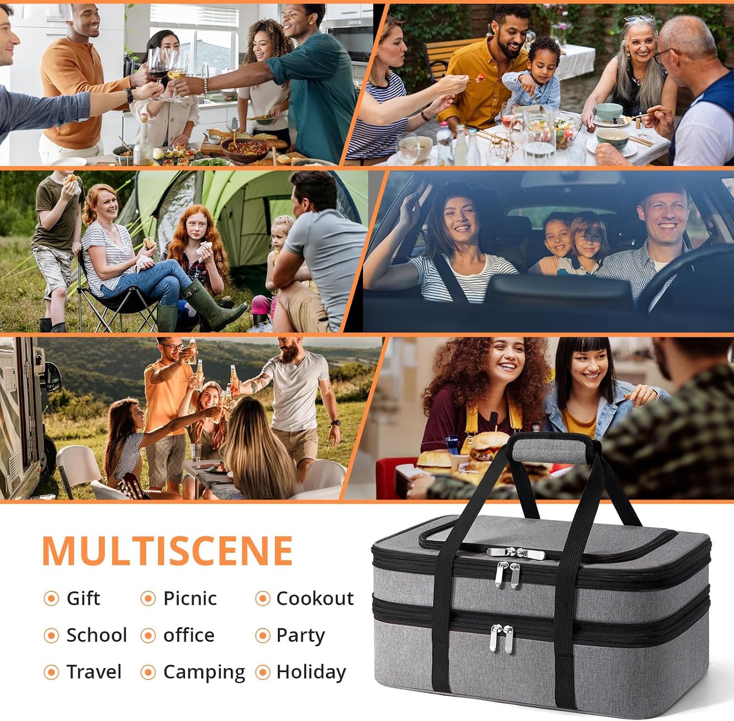 Double Insulated Casserole Carrier - Portable Casserole Carriers for Hot or Cold Food Lunch Tote Warmer or Cooler Bag for Potluck Parties Picnic Cookouts, Fits 9" x 13" Baking Dish - Grey