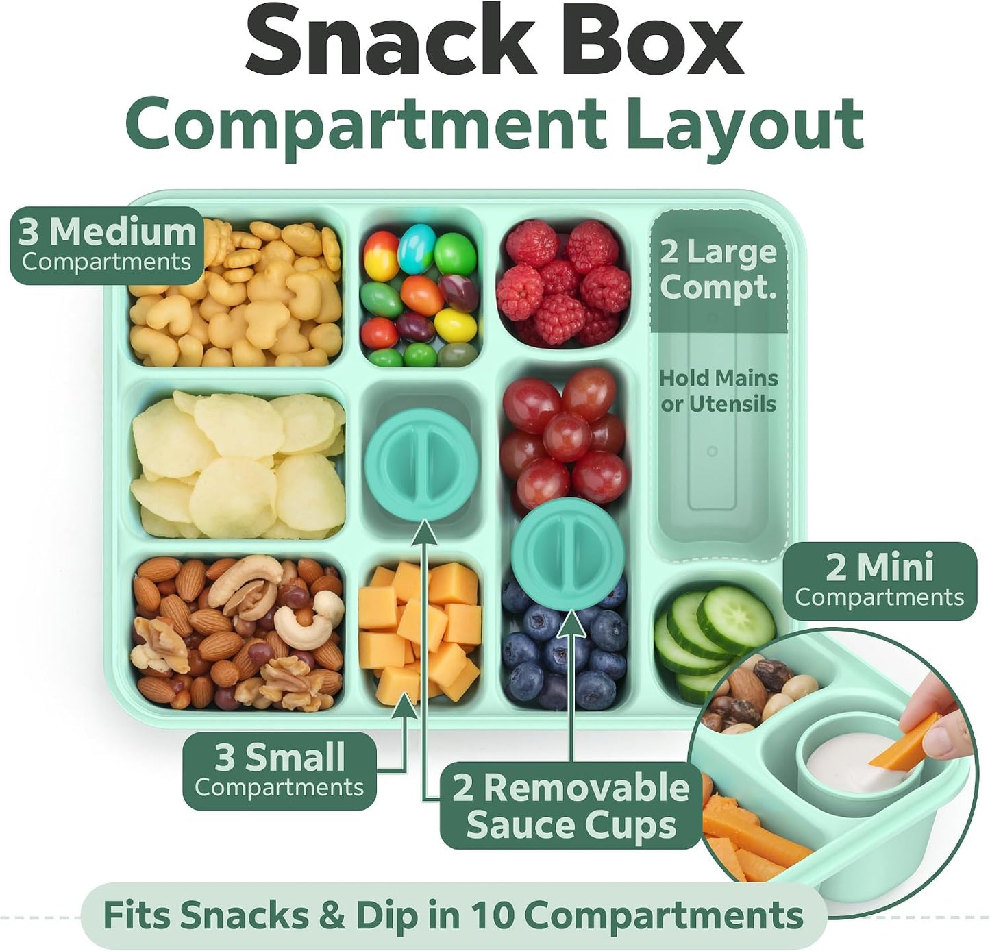 Snackle Box Container for Adults with 10 Compartment, Divided Serving Tray with Lid and Handle and 2 Sauce Containers, Portable Snack Box Container for Charcuterie Party Travel, Purple