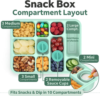 Snackle Box Container for Adults with 10 Compartment, Divided Serving Tray with Lid and Handle and 2 Sauce Containers, Portable Snack Box Container for Charcuterie Party Travel, Purple