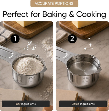 Color Up Measuring Cup Set, 8 Piece, Copper and Chrome Finish, Stainless Steel, Accurate for Wet & Dry Ingredients, Embossed Markings, Easy Pour Spouts, Dishwasher Safe, Kitchen Essential (Stainless)