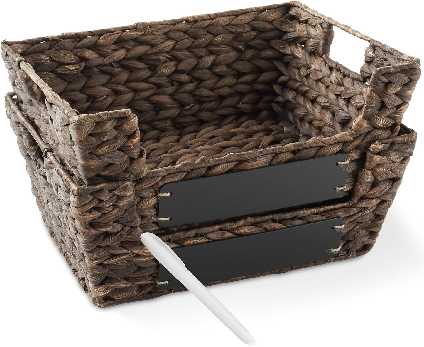 Casafield Set of 2 Water Hyacinth Pantry Baskets with Handles, Chalkboard Labels, and Marker - Natural, Wide Woven Storage Bin Organizers for Kitchen Shelves