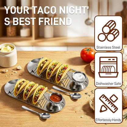Taco Holders Set of 2 - Stainless Steel Taco Stand Rack with Tray, Sauce Cups & Spoon, for Party, Dishwasher Safety