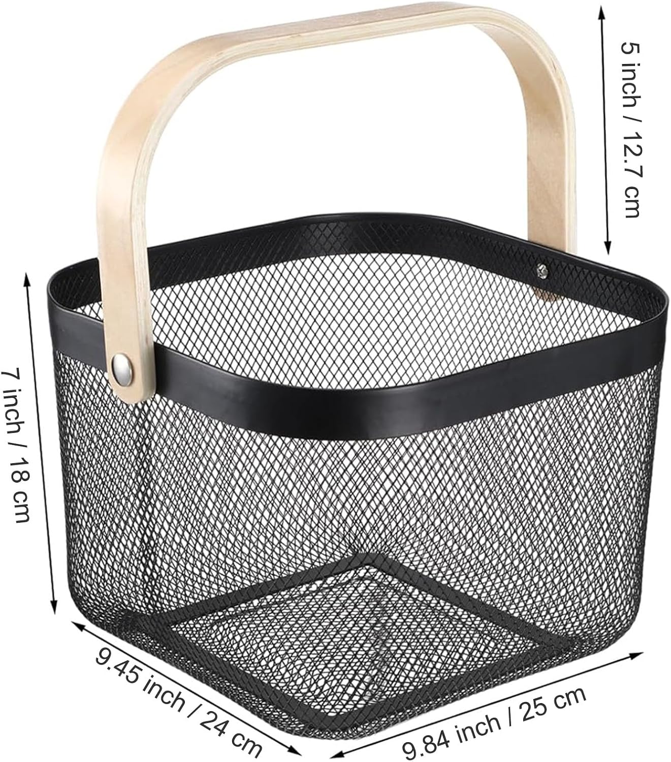 AJIODA Metal Mesh Wire Basket, Large Steel Basket with Wooden Handle Storage Organizer Basket Multi-functional Hanging Kitchen Baskets Fruit Baskets for Kitchen Bathroom Cabinet Pantry Snacks, Black
