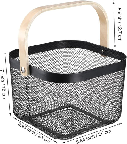 AJIODA Metal Mesh Wire Basket, Large Steel Basket with Wooden Handle Storage Organizer Basket Multi-functional Hanging Kitchen Baskets Fruit Baskets for Kitchen Bathroom Cabinet Pantry Snacks, Black