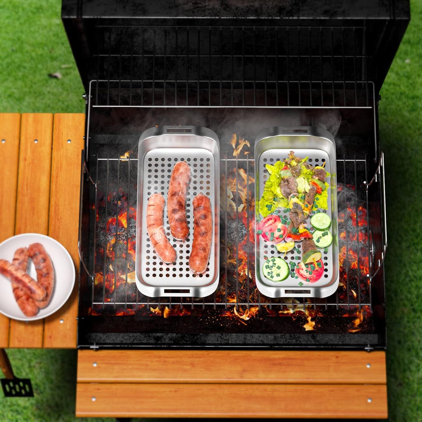 Grill Basket Set - BBQ Grill Tray with 3-Piece Grill Basket & Universal Handle, Heavy-Duty Stainless Steel, Dishwasher Safe, Rust-Resistant for Outdoor Cooking, Camping, Picnic, Gas, Charcoal Grills