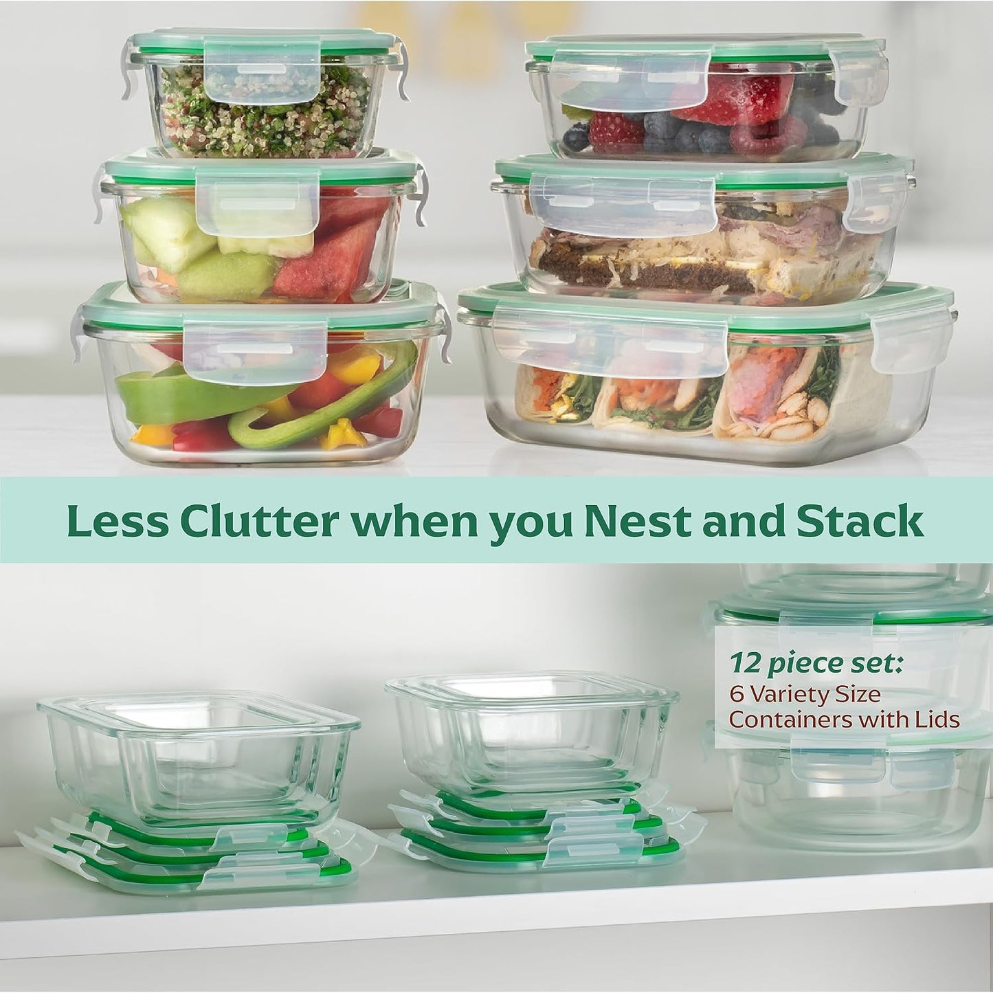 Fusion Gourmet 8 Pack 35 oz Glass Storage Containers with Lids - Airtight, Leakproof, Oven, Microwave & Freezer Safe, Stain & Odor Resistant, Reusable Meal Prep Containers (16-Piece)