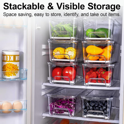 4-Pack Stackable Fruit Storage Containers for Fridge | Pull-Out Drawer Organizer Bins, With Lids & Drain Tray, Keep Fresh, Removable Refrigerator Container for Berry, Veggie, Drink