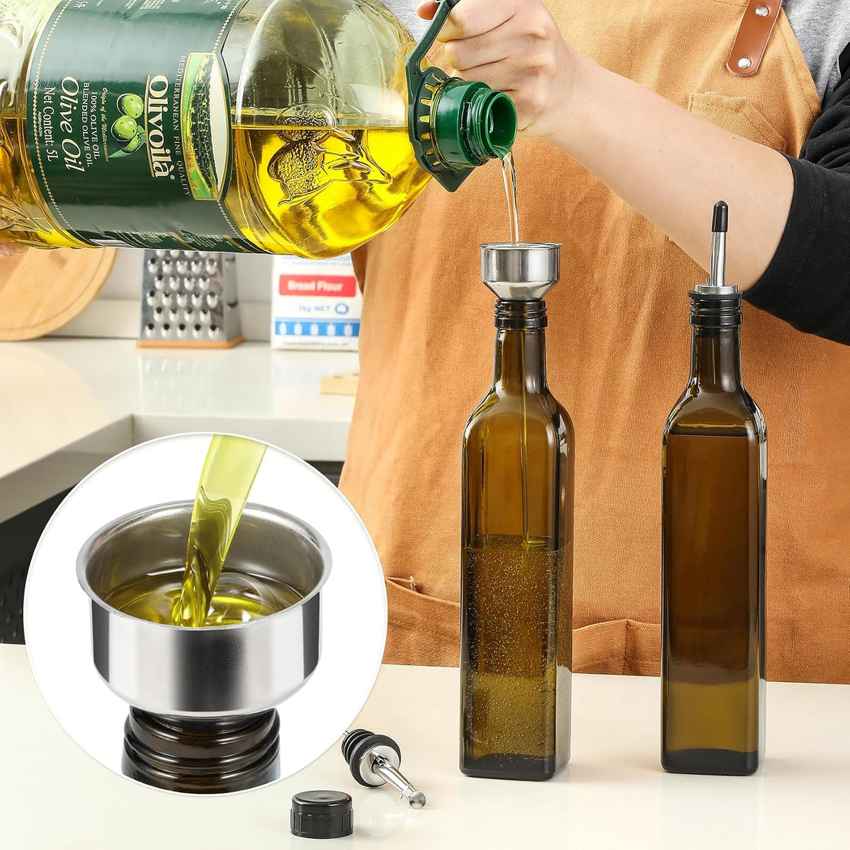 AOZITA 17oz Glass Olive Oil Bottle Dispenser - 500ml Green Oil and Vinegar Cruet with Pourers and Funnel - Olive Oil Carafe Decanter for Kitchen