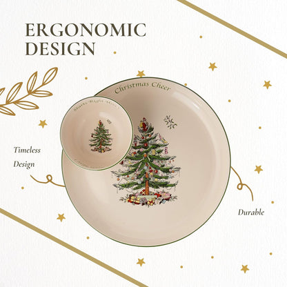 Spode Christmas Tree Chip & Dip Set, 12.5” Serving Platter with Bowl, Holiday Serveware for Appetizers, Fruit, Candy Side Dishes, Festive Treats, Dishwasher Safe, Christmas Tableware